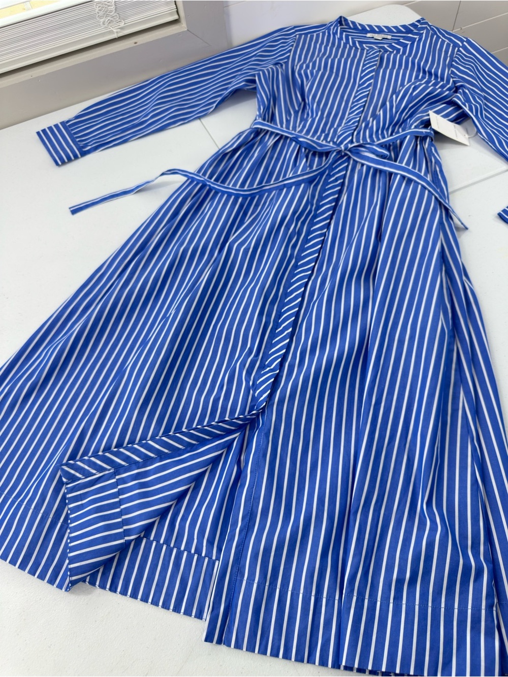 Free Assembly Striped Cotton Midi Shirt Dress Blue White Belted Modest Preppy L - Picture 10 of 14